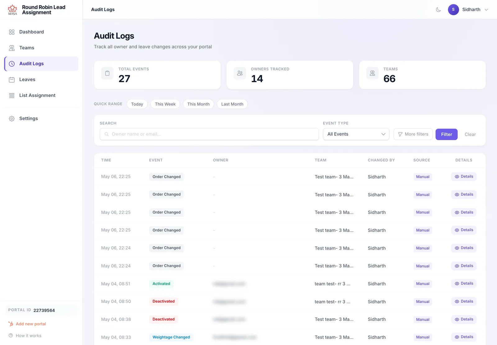 MASA audit log listing every owner and leave change with timestamp, event type, team, and who made the change